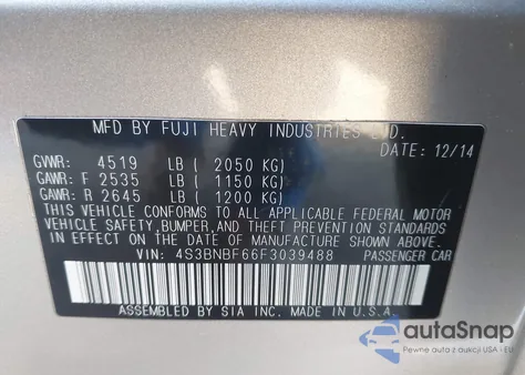 2015 Subaru Legacy 2.5I Premium from USA, damaged, VIN 4S3BNBF66F3039488